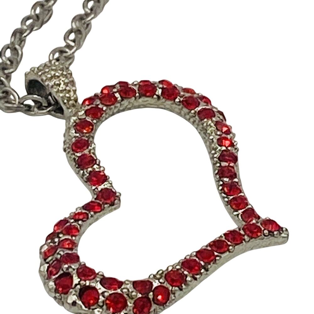 VCLM Red Rhinestone Heart Pendant Necklace Silver Tone 20"